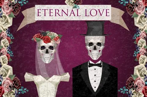 Two newlywed skeletons in low poly style. Woman with wreath, veil and dress. Man Stock Illustration