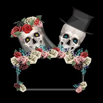 Two newlywed skulls in low poly style. Woman with wreath and veil. Man with Illustrazione stock