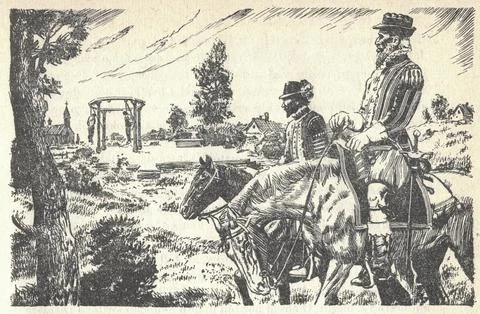 Two noblemen on horseback ride through the countryside. Illustration by Zde.. Illustrazione stock