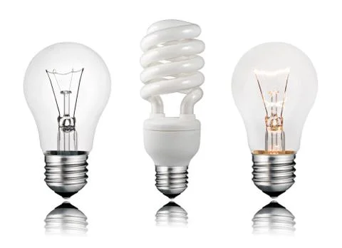 Two Normal and One Saver Lightbulbs with Reflection Stock Photos