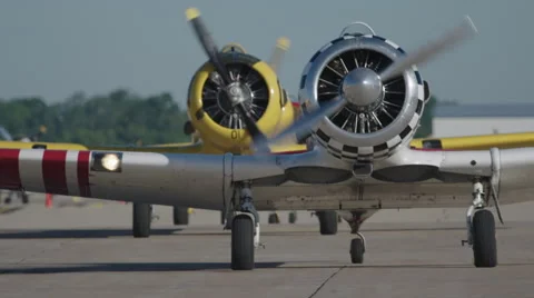 Two North American T-6 Texan warbirds on runway of Wittman Regional Airport Stock Footage 50187119