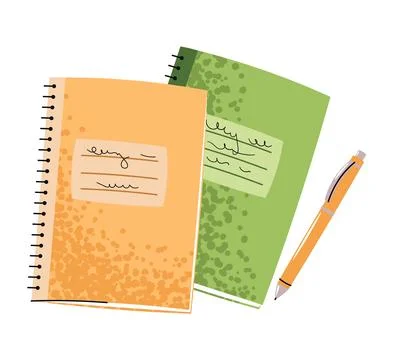 Two Notebooks with Pen in Flat Style on White Background. School and Office Stock Illustration