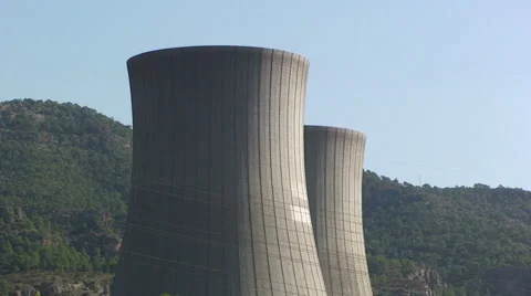 Two nuclear cooling towers from low angle Stock Footage 49966039