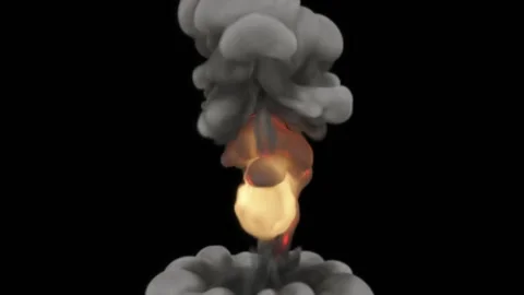 Two nuclear mushrooms fly up and down from the explosion in the center of the Stock Footage 177226487