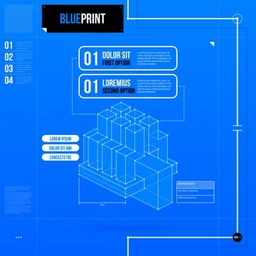 Two numbered options layout in blueprint style with abstract isometric object Stock Illustration