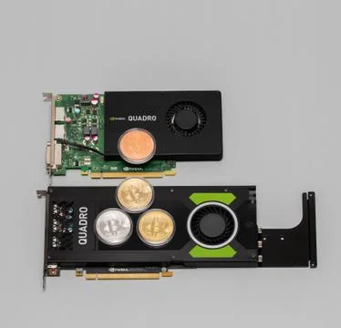 Two nvidia Quadro professional GPU and mined bitcoins Foto stock