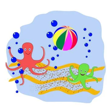 Two octopus playing the ball at the bottom of the sea Stock Illustration