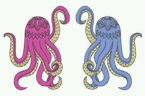 Two octopus Zen Tangle. Stock Illustration