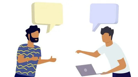 Two office man chatting-working together with bubble ballon message mockup Stock Illustration