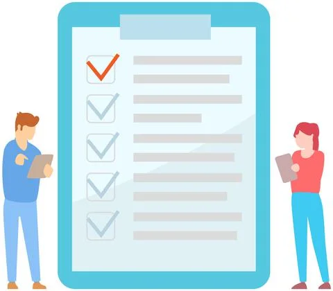 Two office workers check checklist mark completion of tasks and plans. People Stock Illustration
