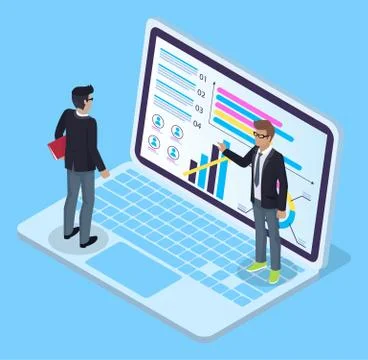 Two office workers at keyboard of laptop, presentation woth graphic, diagram Illustrazione stock