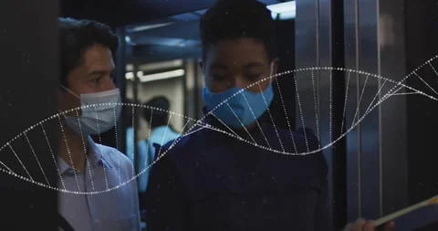 Two office workers reading folder in lift while dotted helix sweeping opening Stock Footage 331872379