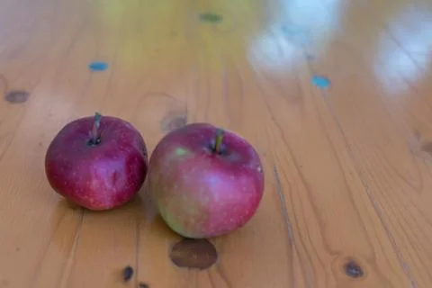 Two old apples on a table Stock Photos