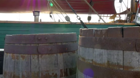 Two old barrels inside the galleon ship gh4 4k uhd Stock Footage