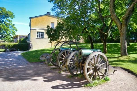 Two old cannons that were in use on the Suomenlinnan island Stock Photos