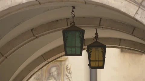 Two old ceiling lamps on the street in Krakow Stock Footage 54137774