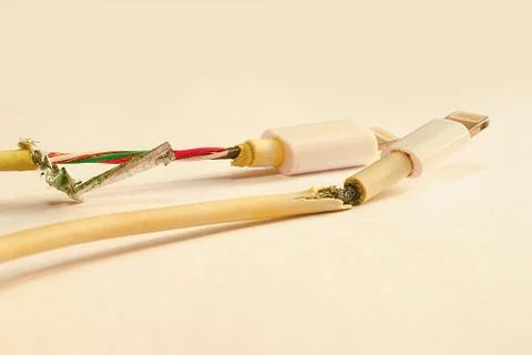 Two old damaged wire from the phone charger Stock Photos