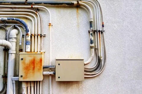 Two old electrical boxes installed and distributed the power cable Stock Photos