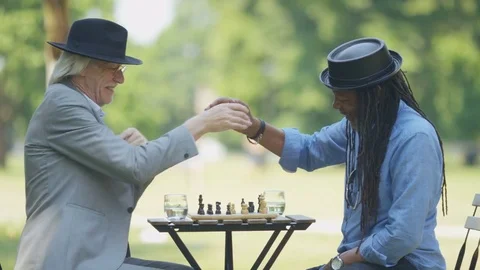 Two old friends in a park shake hands after a game of chess Video stock 77264845