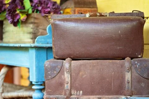 Two Old Leather Suitcases In Close Up Stock Photos
