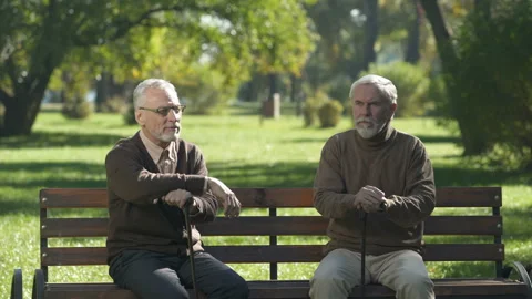 Two old men standing up from bench and walking different ways, quarrelling Stock Footage 99703093