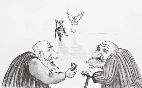  Two old people rely on the devil or angel 库存插图