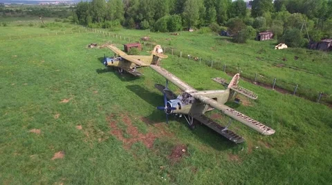 Two old propellers aircraft  and aerial panorama around 스톡 동영상 66249709