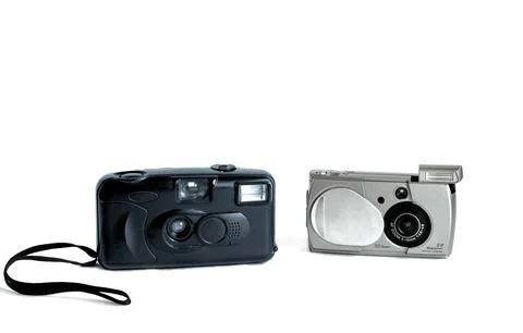Two old retro cameras isolated on a white background. Stock Photos