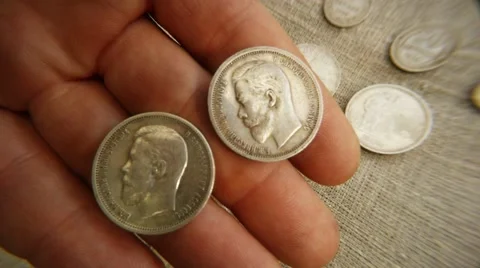 Two Old Russian Silver Coins Face-Value Three Kopecks Profile Nicolas Second in Stock Footage 67090897