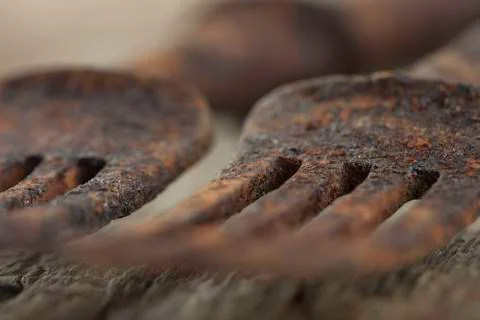 Two old rusty forks closeup still life Stock Photos