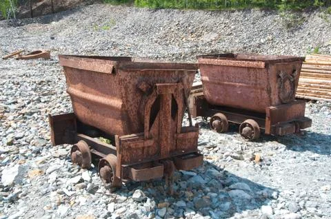 Two old rusty minecarts 스톡 사진