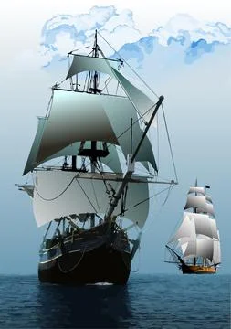Two old sailing vessels. 3d color vector Stock Illustration