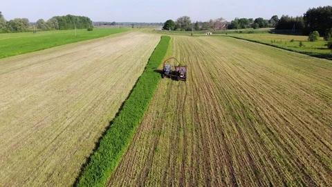 Two Old Soviet Tractors With Mower And Trailer Harvesting Clover Stock Footage 128076666