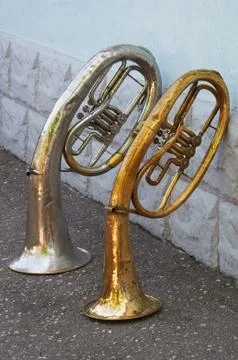 Two old trumpets Stock Photos