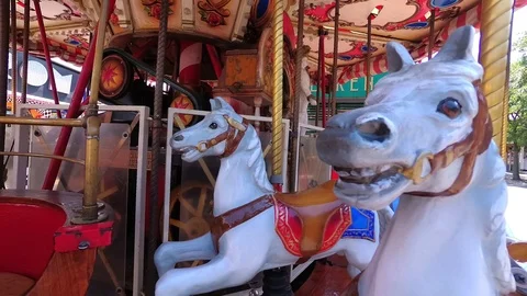Two old white horses on carousel in Prater, Vienna Stock Footage 110887583