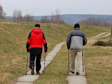 Two older men practice Scandinavian walking with sticks. Active old age in .. Stock Photos
