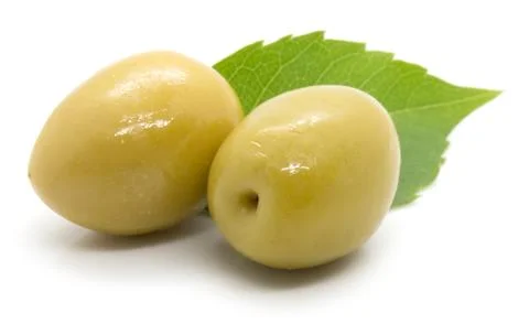 Two olives with leaf on white background Stock Photos