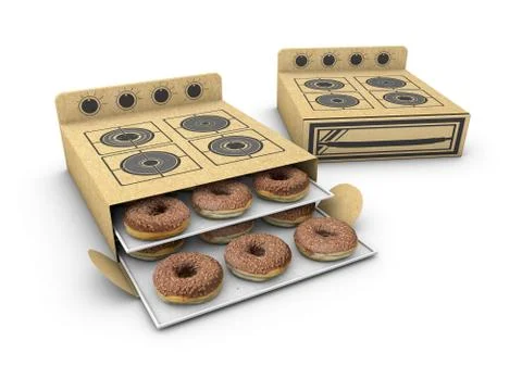 Two open and close Cardboard Cookers with Cake inside, Isolated on White Back Stock Illustration
