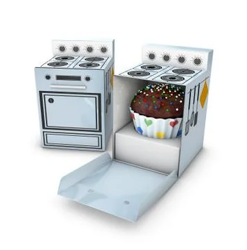 Two open and close Cardboard Cookers with Cake inside, Isolated on White Back Stock Illustration