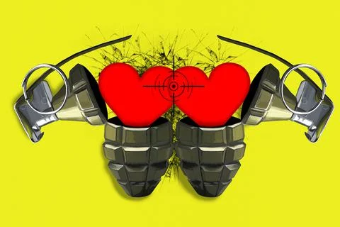 Two open combat grenades with red hearts in the scope. 库存照片