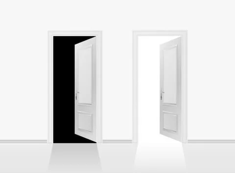 Two open doors on the gray wall background. Stock Illustration
