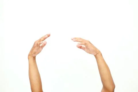 Two open hands reaching, expressing gesture towards blank space on white ba.. Stock Photos