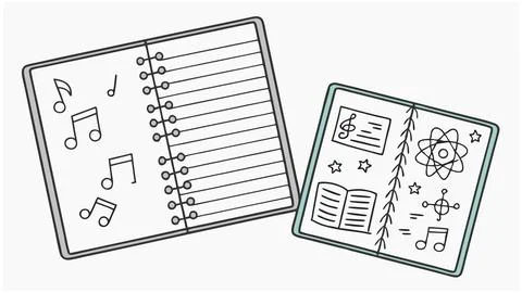Two open notebooks one with music notes the other with science and music symbols Stock Illustration