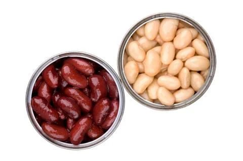 Two open tin cans with red and white  baked beans Stock Photos