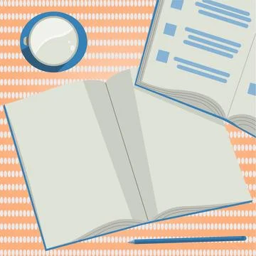 Two Open Work Books On A Table. Flat View Of Table With Notebooks, Pencil And Illustrazione stock