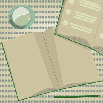 Two Open Work Books On A Table. Flat View Of Table With Notebooks, Pencil And Illustrazione stock