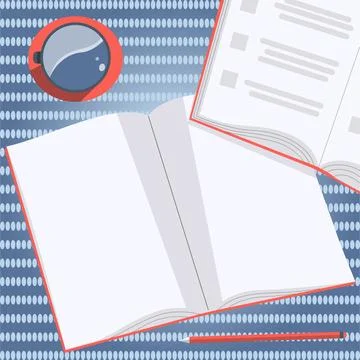 Two Open Work Books On A Table. Flat View Of Table With Notebooks, Pencil And Stock Illustration