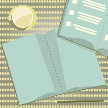 Two Open Work Books On A Table. Flat View Of Table With Notebooks, Pencil And Stock Illustration