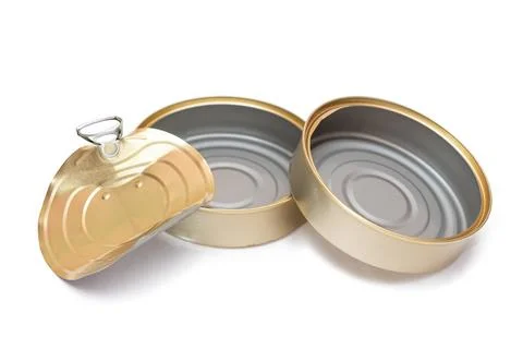 Two Opened Empty Tin Cans With Broken Cover Isolated on White Background Stock Photos