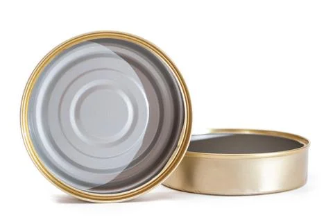 Two Opened Empty Tin Cans Isolated on White Background Stock Photos